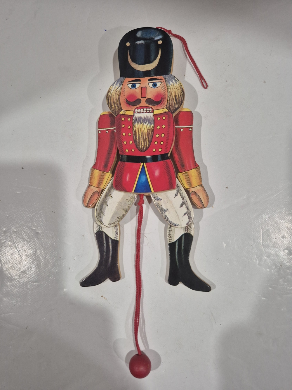 Vtg. Wooden Nutcracker Jumping Jack Pull String Ornament